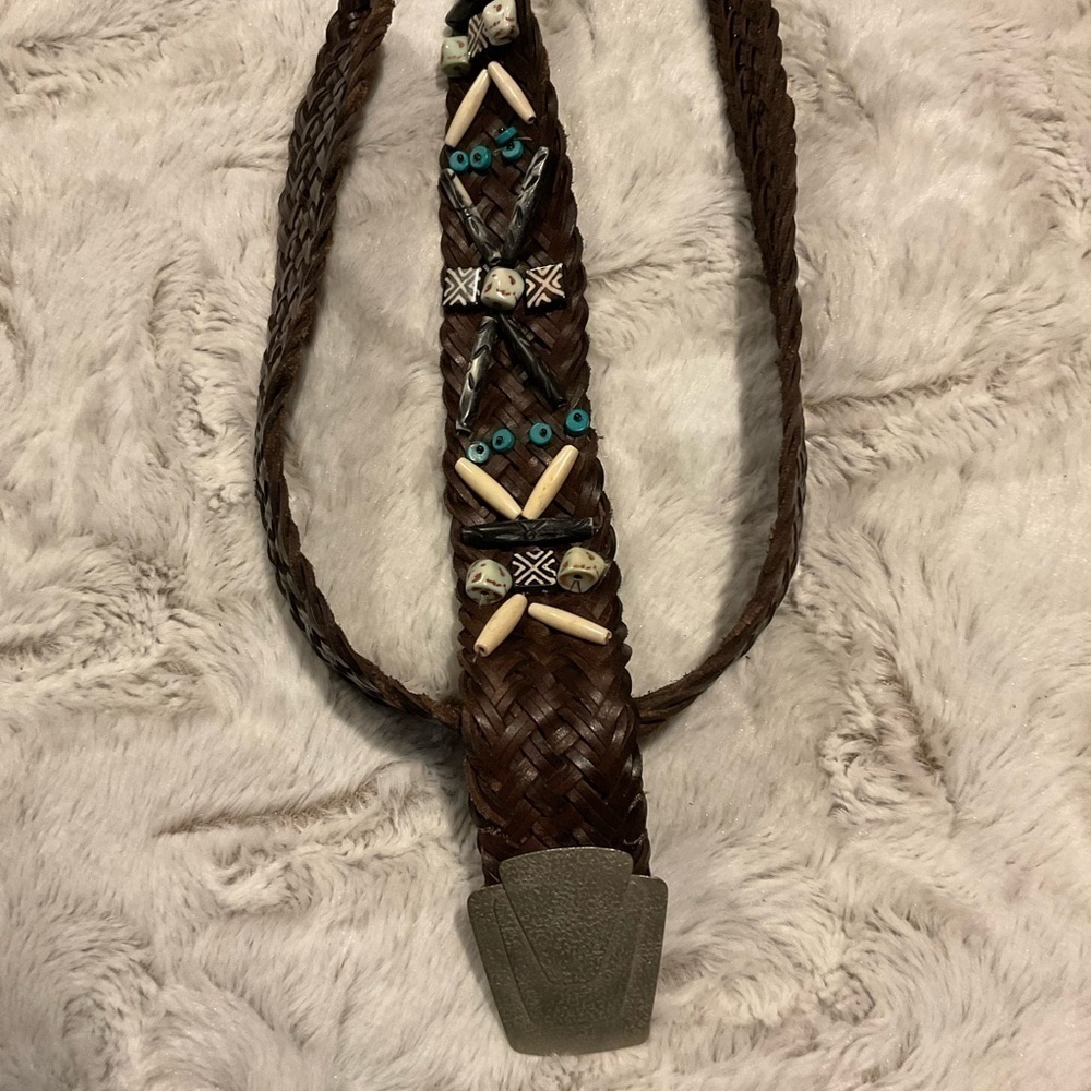 WOMEN’S Woven Belt with Beaded Aztec Embellishment and Silver Buckle - Picture 2 of 3